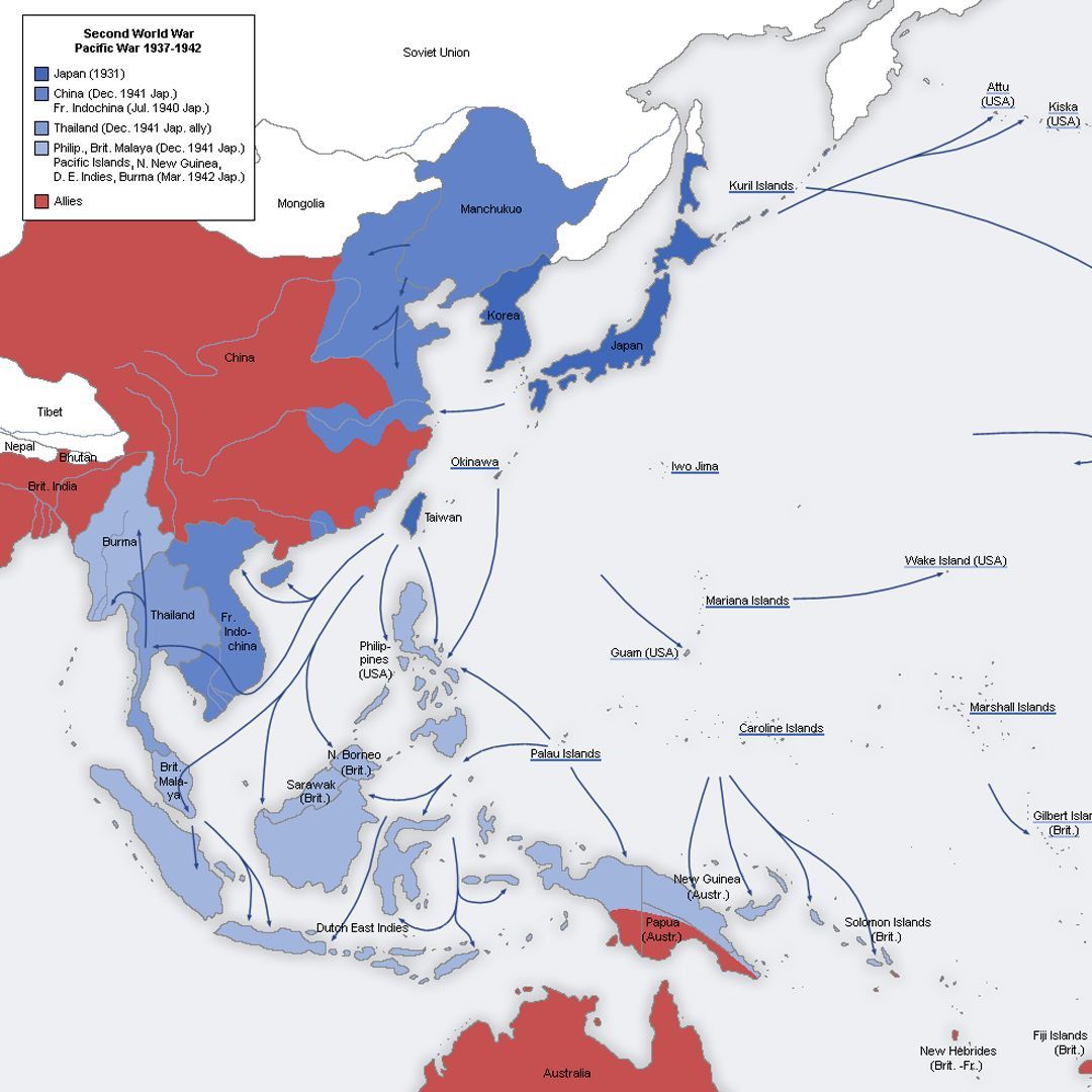 A map showing the progress of Japanese expansion during the Second World War.