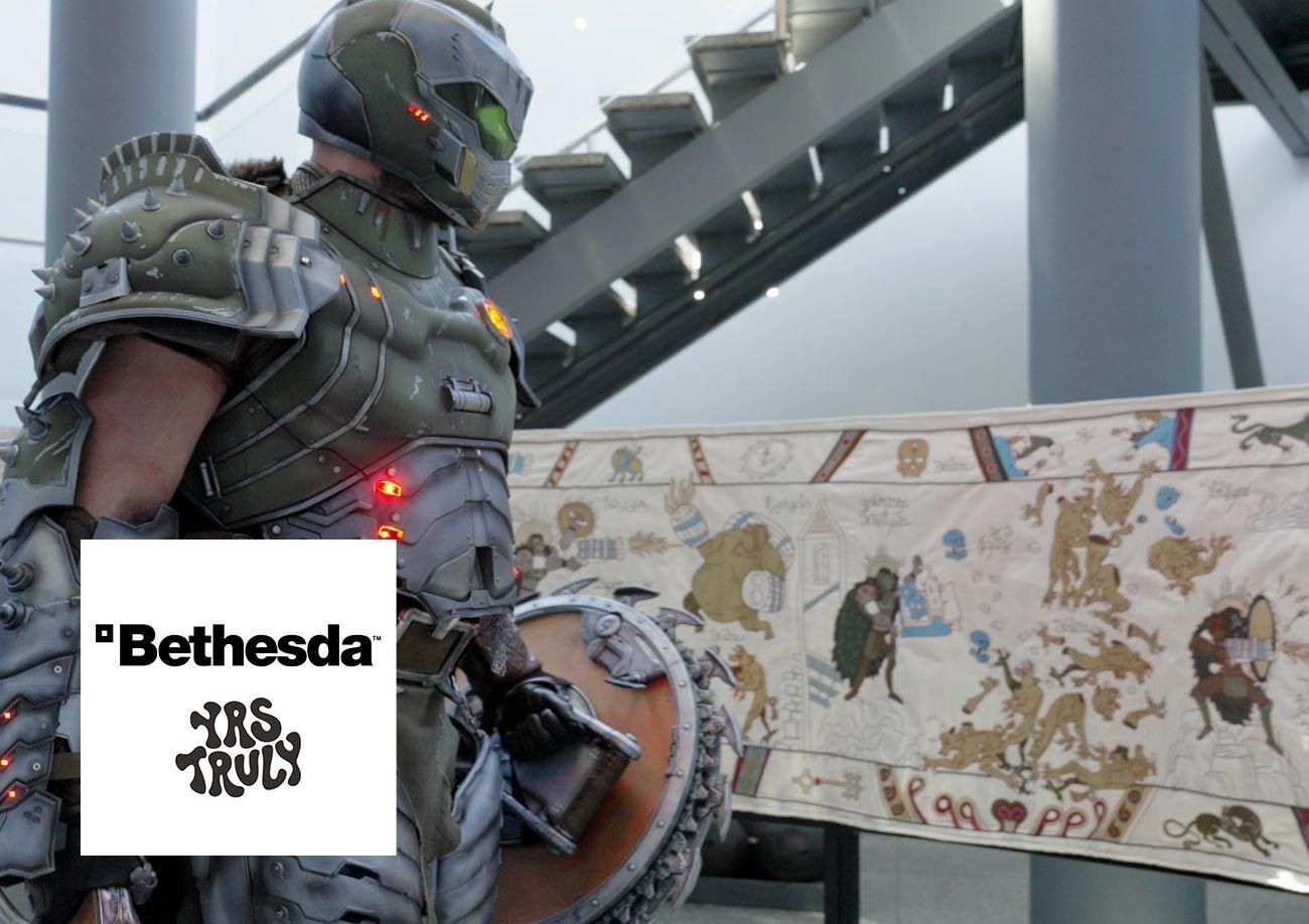 The Slayeux Tapestry with doom slayer in royal armouries hall of steel