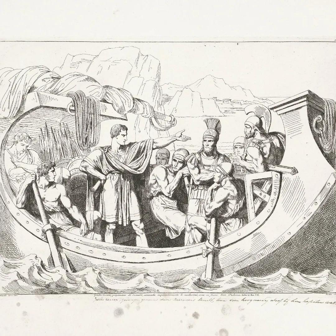 A black and white illustration of a ship with characters dressed in classical costume aboard