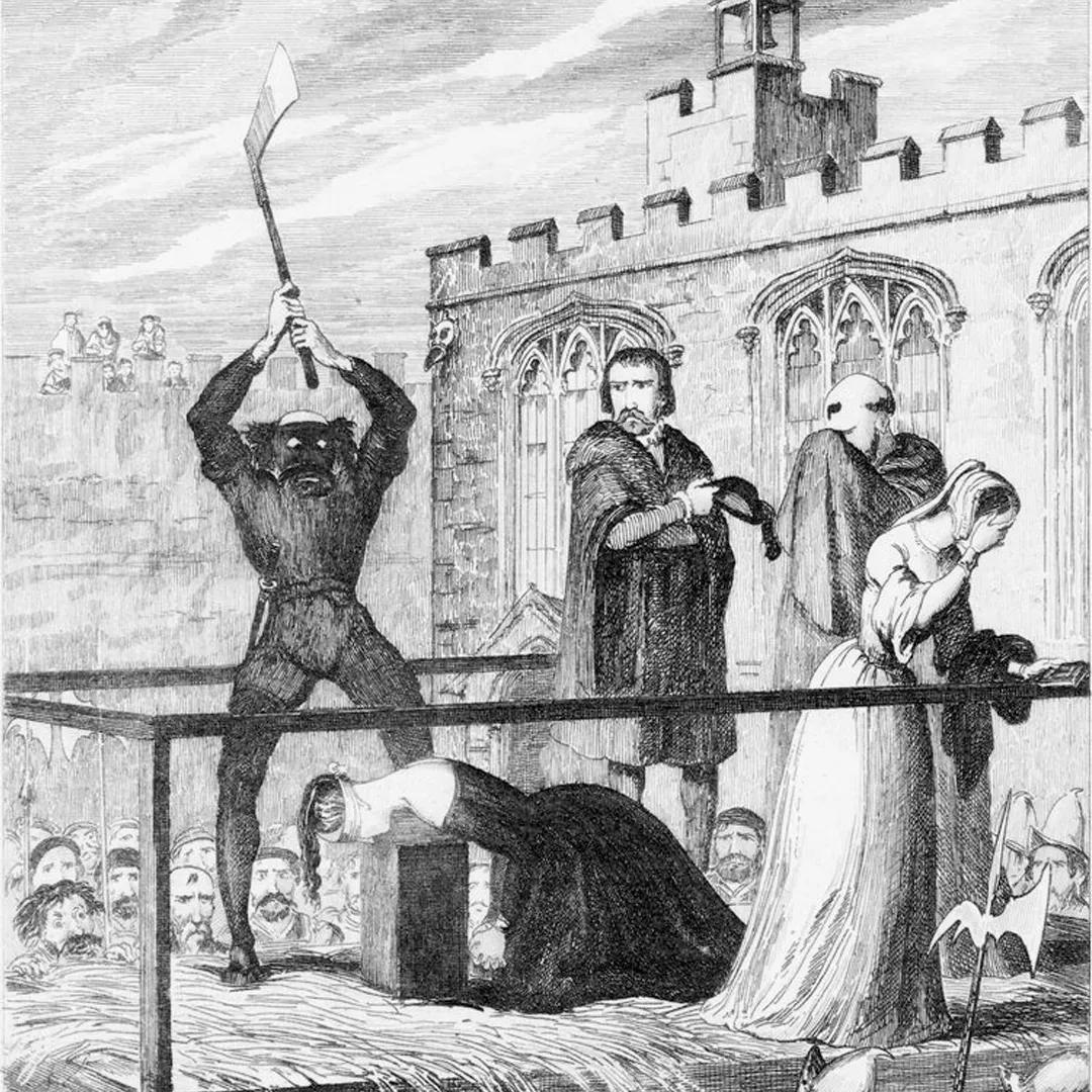 A black and white engraving of a young woman on a scaffold moments before an executioner clad in black brings an axe down on her neck