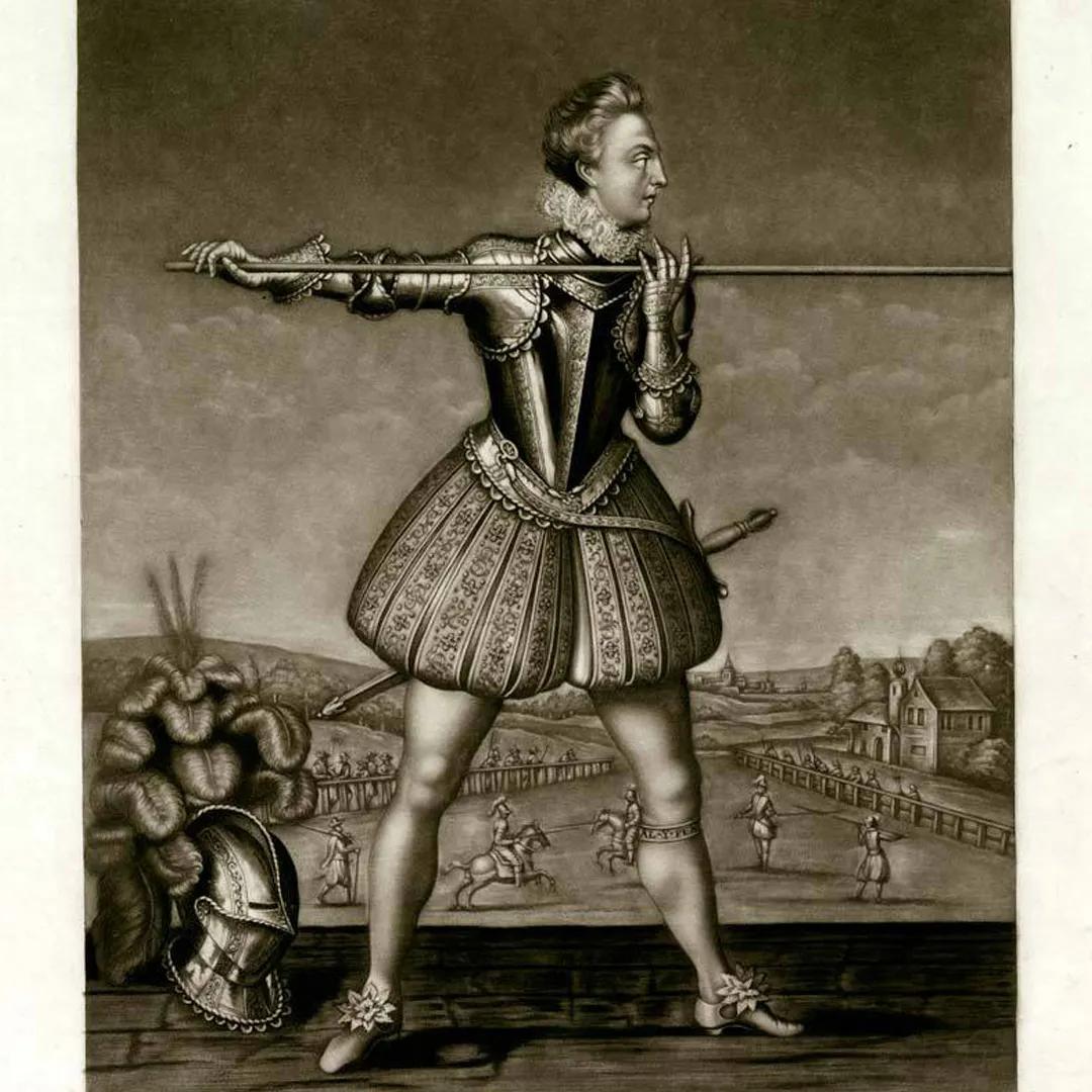 Engraving of a man in armour levelling a pike 