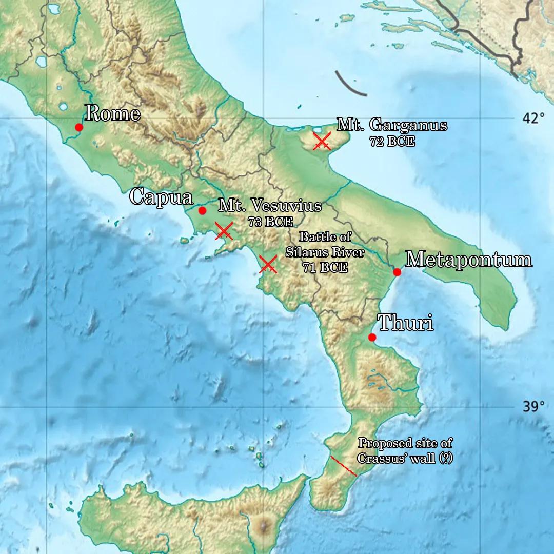 A map of southern Italy showing the various important areas related to the Third Servile War