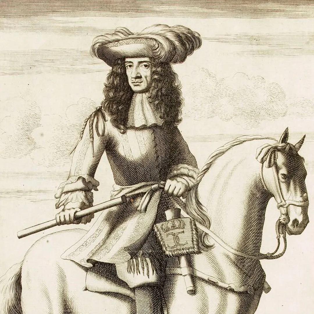 An engraving of a man with long, curled hair and small beard clad in a steel breastplate atop a horse