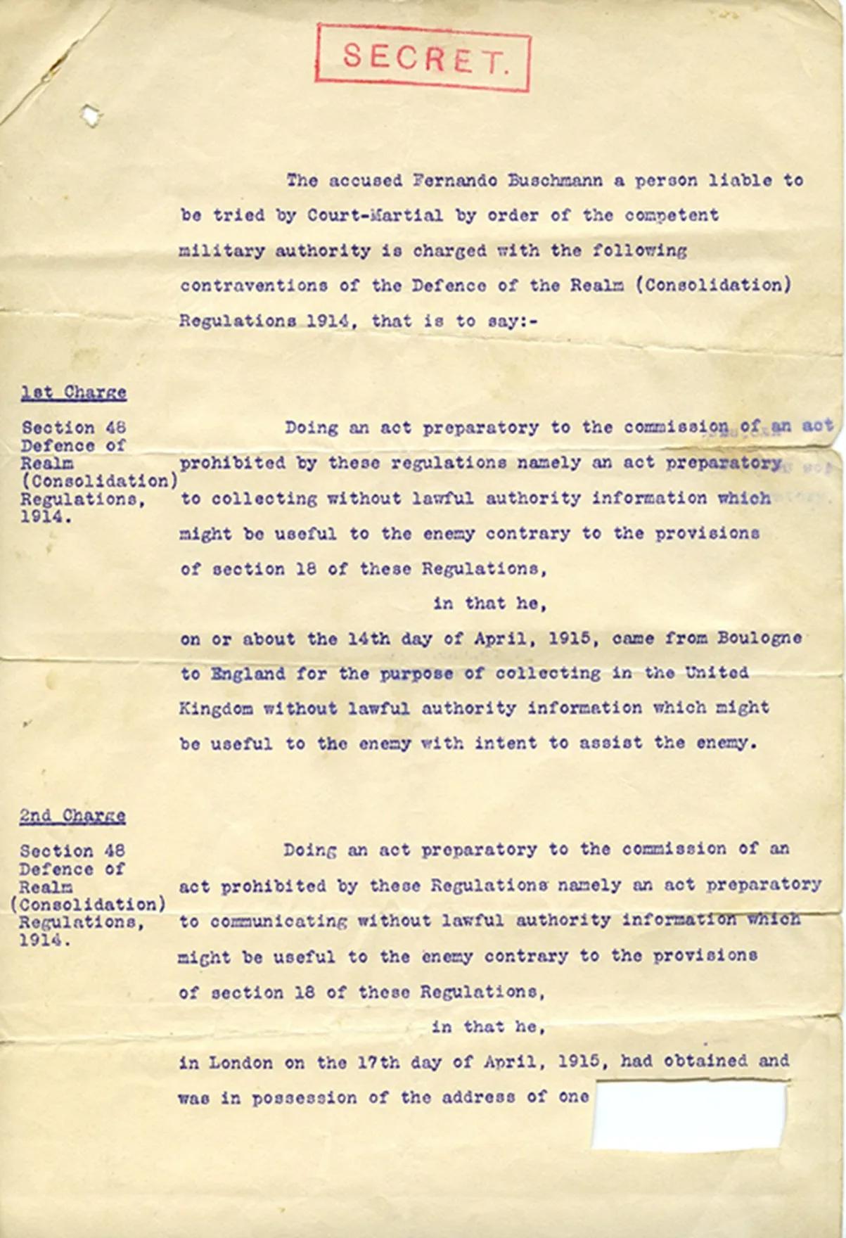 A yellowing paper document with black typewriter text and a red stamped word, 'secret', across the top.