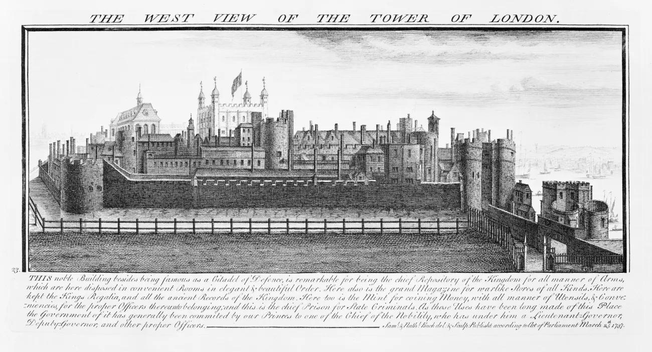 A black and white version of an engraving of a large stone citadel