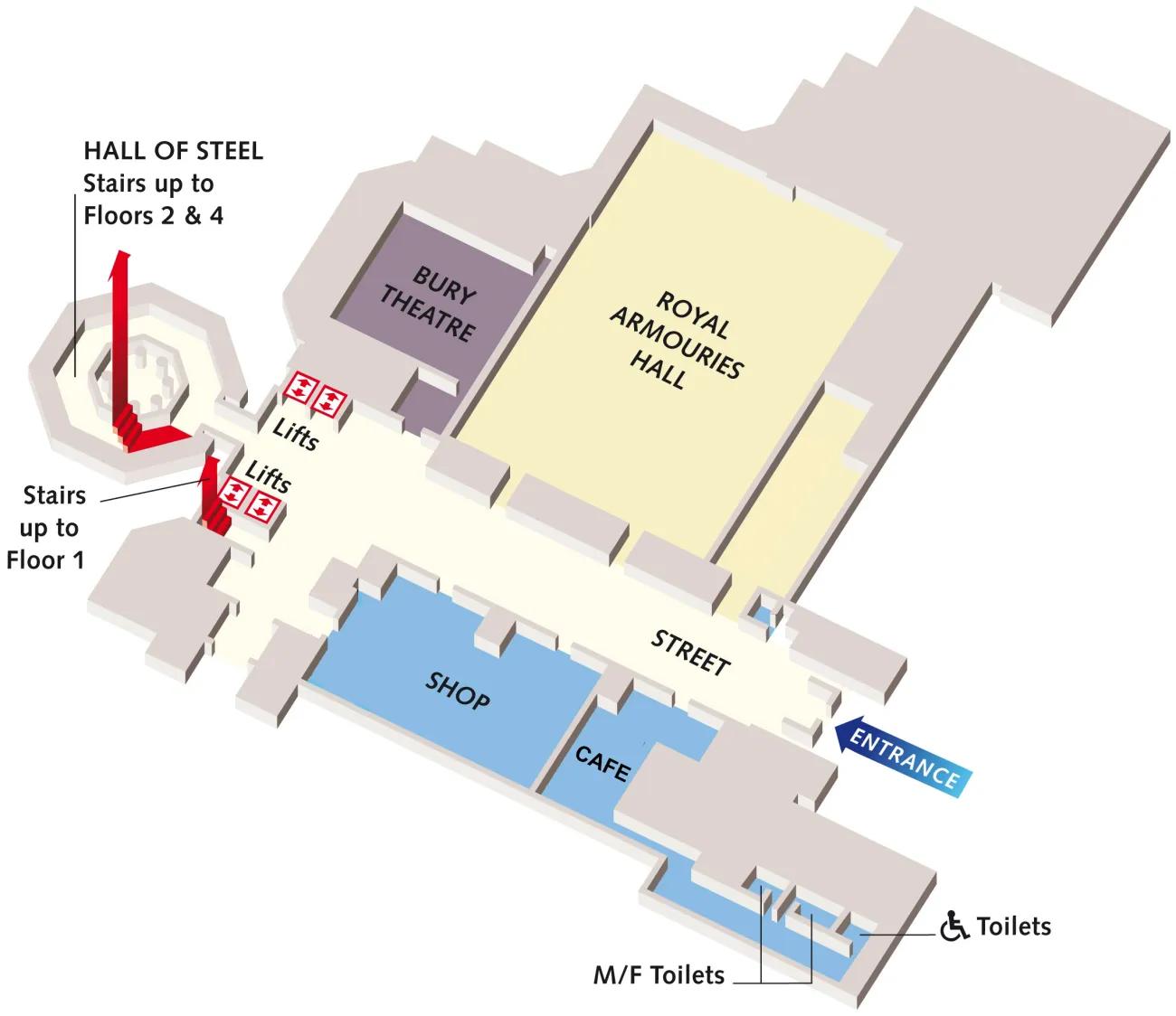 A colour map of the ground floor of the Royal Armouries