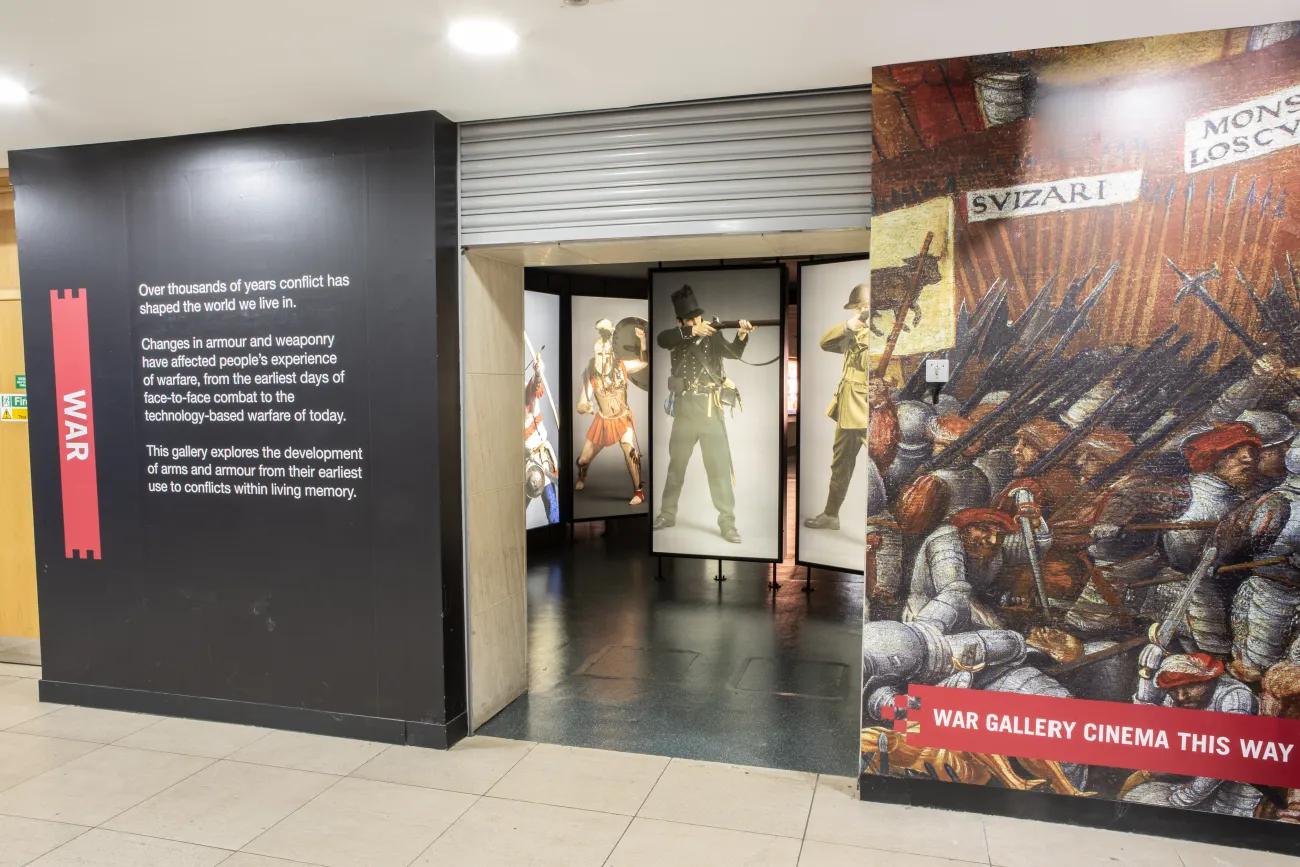 A entranceway to the War Gallery showing panels with soldiers and warriors from throughout history