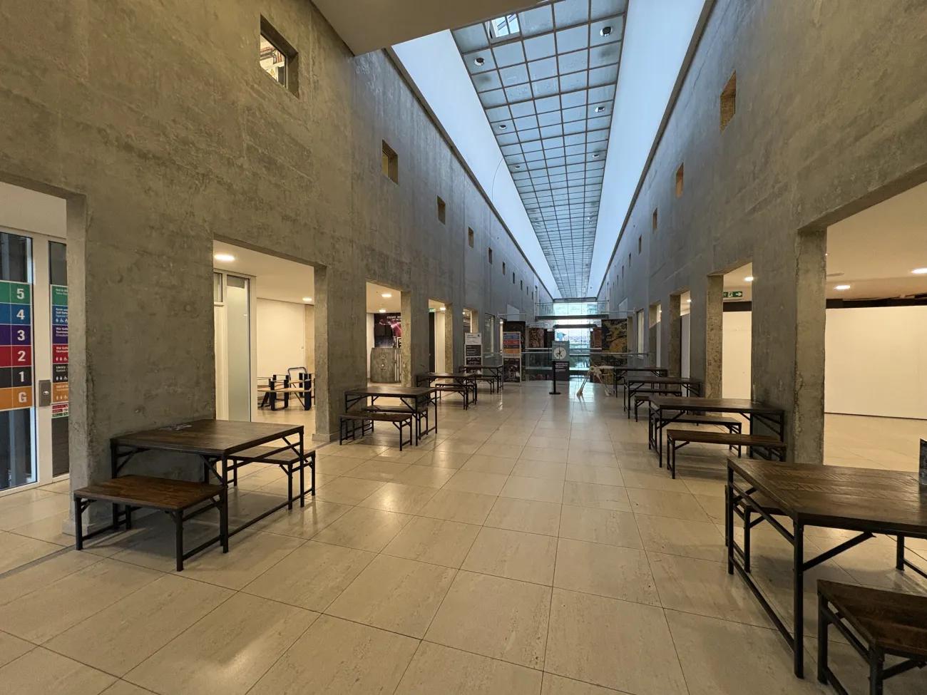 A photo overlooking the picnic area of the fourth floor of the Royal Armouries Museum in Leeds.