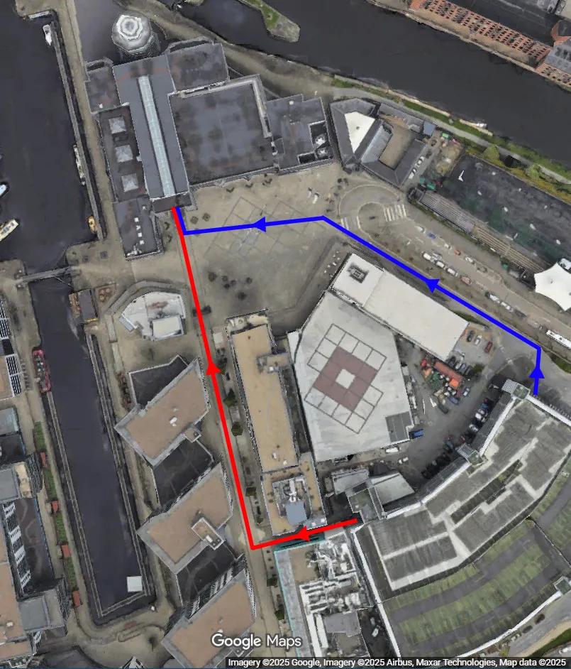 A satellite photo of the area surrounding the Royal Armouries with routes indicating how to get from the car park to the museum