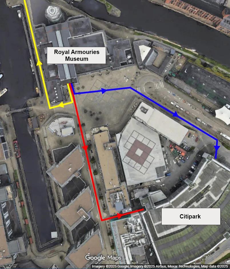 A satellite photo of the Royal Armouries museum with three routes to exit in yellow, red, and blue