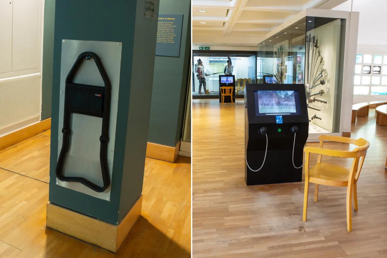 Two photos depicting the seating arrangements on the second floor. One half shows a folding stool hanging on a hook on the wall. The other half shows a wooden backed chair in front of a video screen with headphones. 