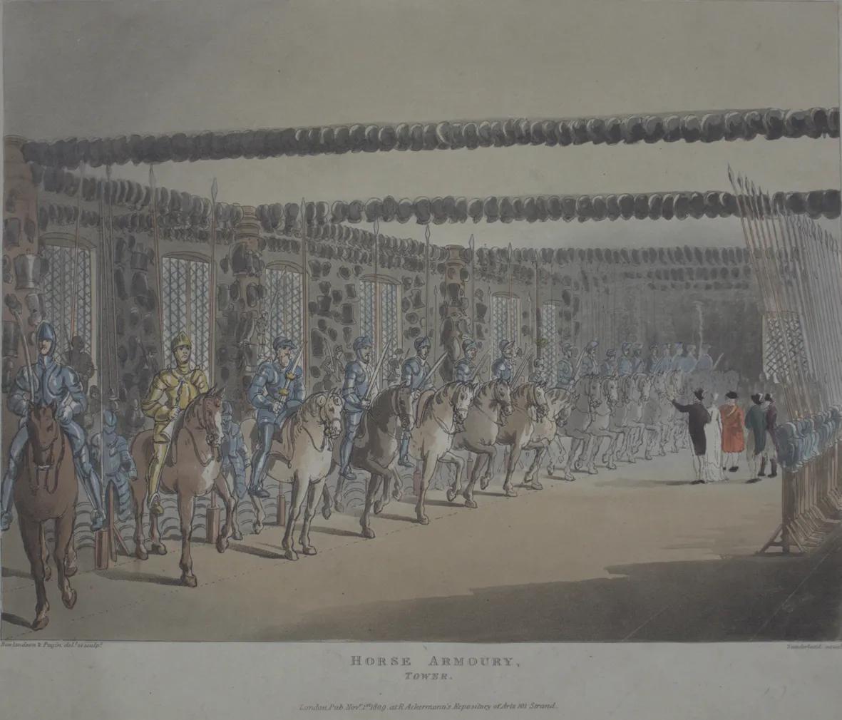 A colour engraving of a long line of mounted armoured mannequins on horse back. A small group of visitors in early 19th century dress are being escorted down the line by a yeoman warder.