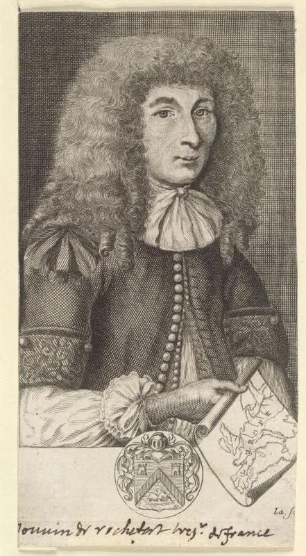 A sepia tone engraving of a man with a pinched face and large, greying wig. In his right hand, he holds a map.