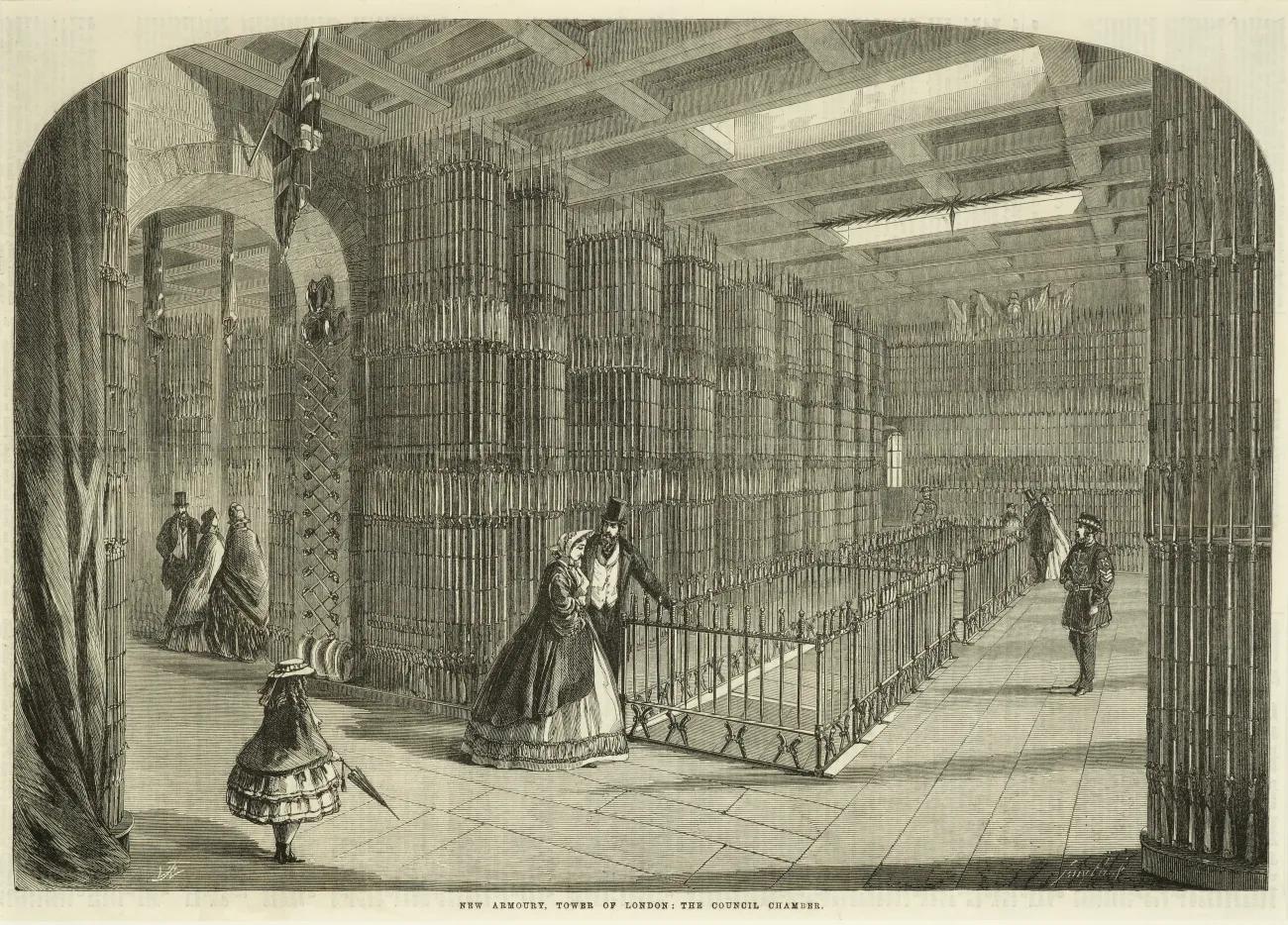 A sepia tone engraving of the Council Chamber in the White Tower of the Tower of London. People in Victorian dress are walking around.