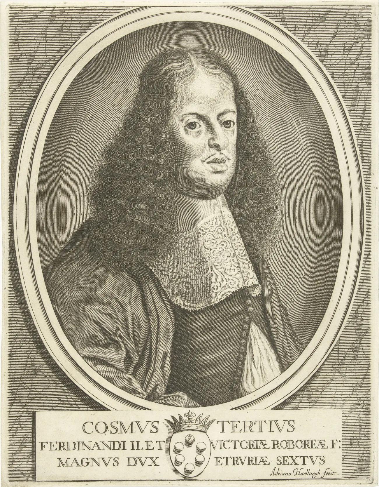 A sepia tone engraving of a man with long curly hair but thinning on top, in 17th century dress, surrounded by a cartouche with his name and family crest emblazoned below. 