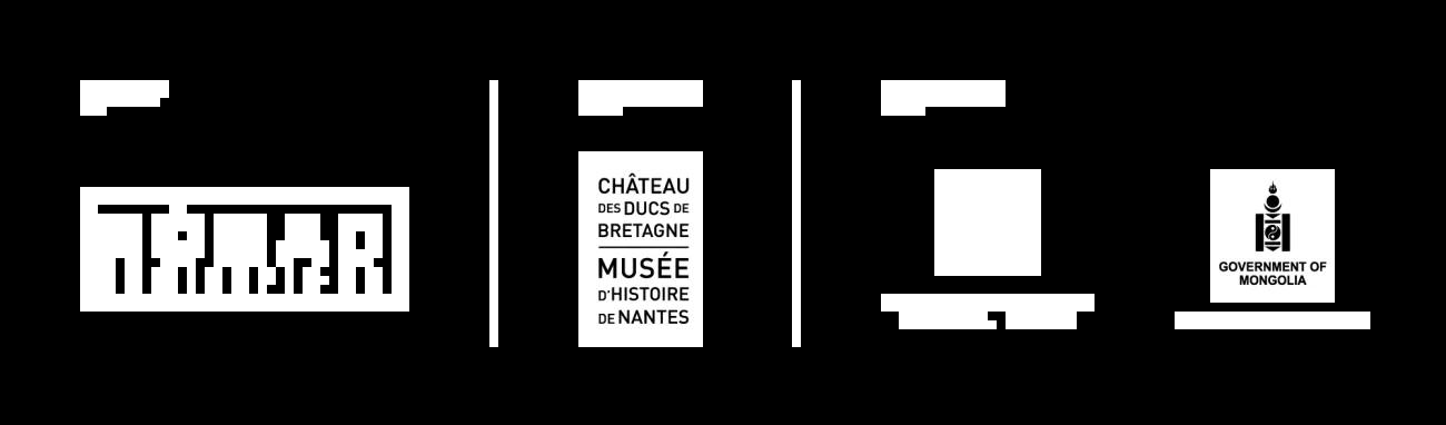 Exhibition white partner logos centred on a dark background: from left to right Nomad Exhibitions, Château des ducs de Bretagne – Musée d’histoire de Nantes, Ghinggis Khaan National Museum and the Government of Mongolia Ministry of Culture