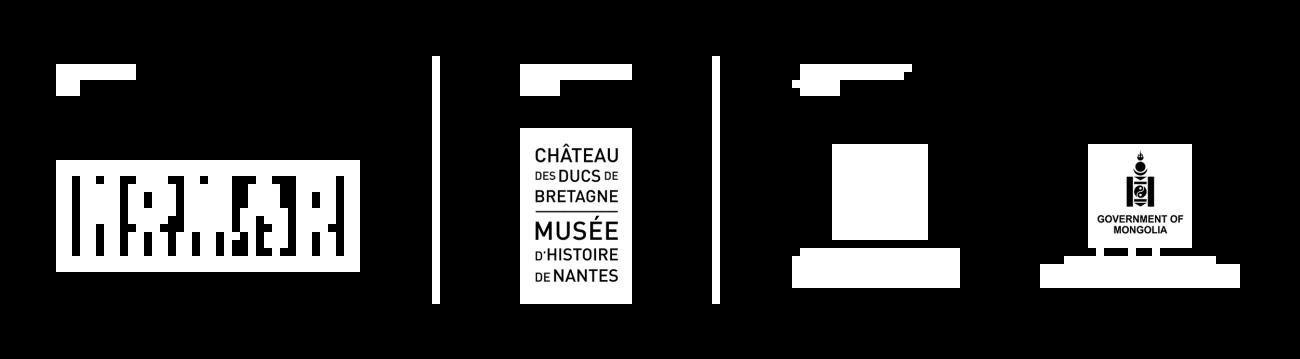 Exhibition white partner logos centred on a dark background: from left to right Nomad Exhibitions, Château des ducs de Bretagne – Musée d’histoire de Nantes, Ghinggis Khaan National Museum and the Government of Mongolia Ministry of Culture