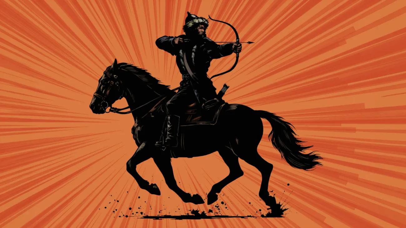 Dynamic black silhouette of horse and Mongolian archer releasing an arrow, with bold orange rays radiating from the centre
