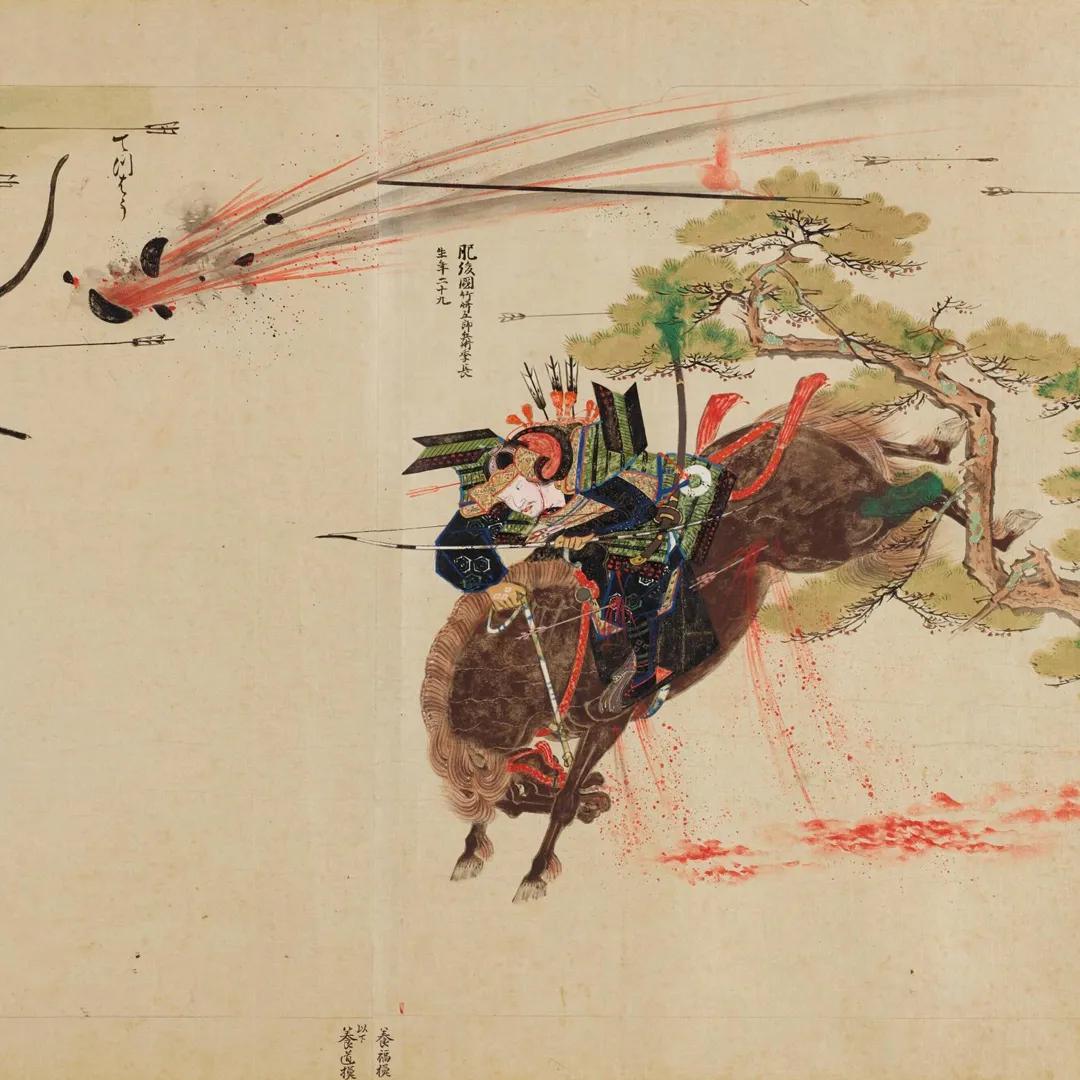 A colour illustration of a shrapnel-filled bomb exploding during the Mongol invasion of Japan