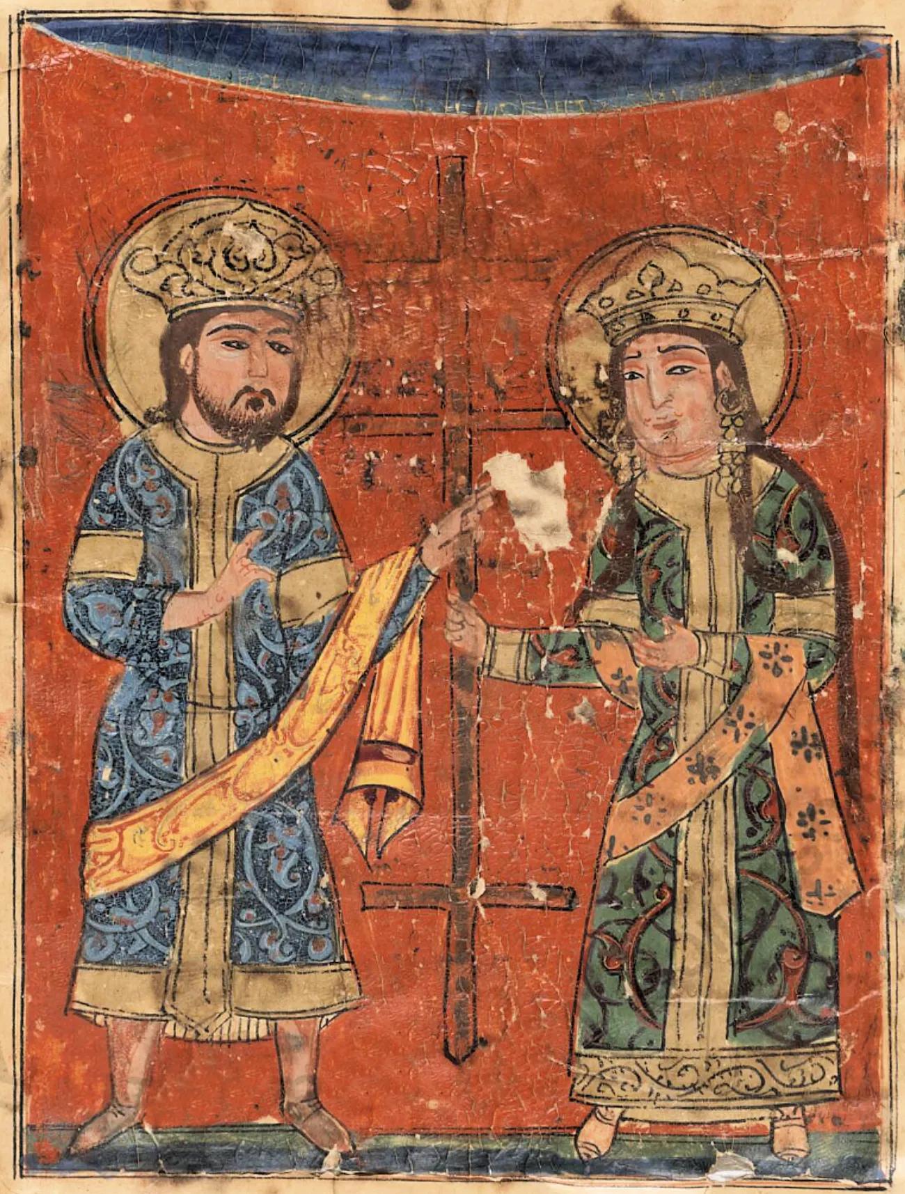 A colour image from the 13th century depicting two Mongol leaders, a man and a woman, holding up an orthodox Christian cross