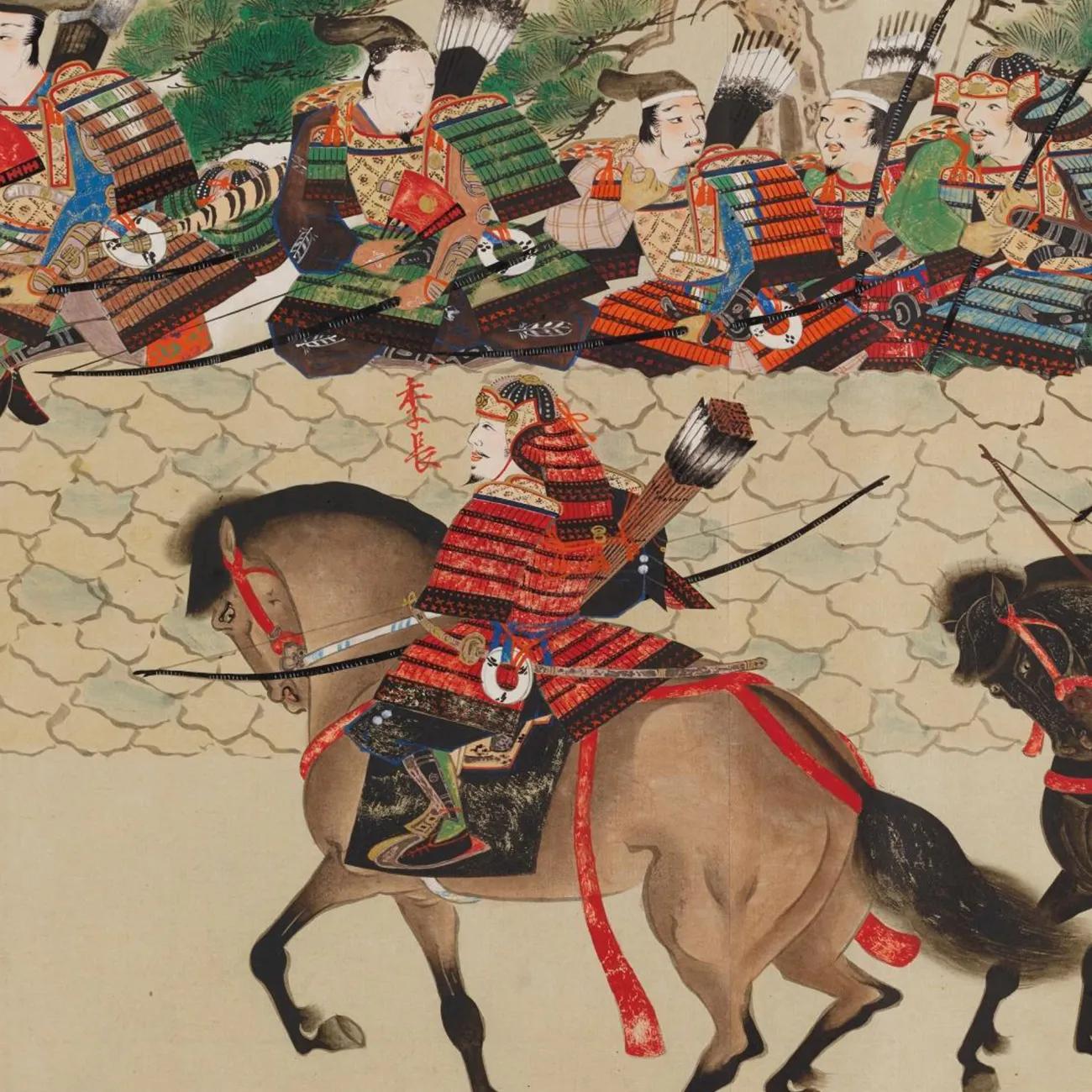 Painting of of historical warriors in ornate armour; mounted archer in red leads, others carry bows and arrow