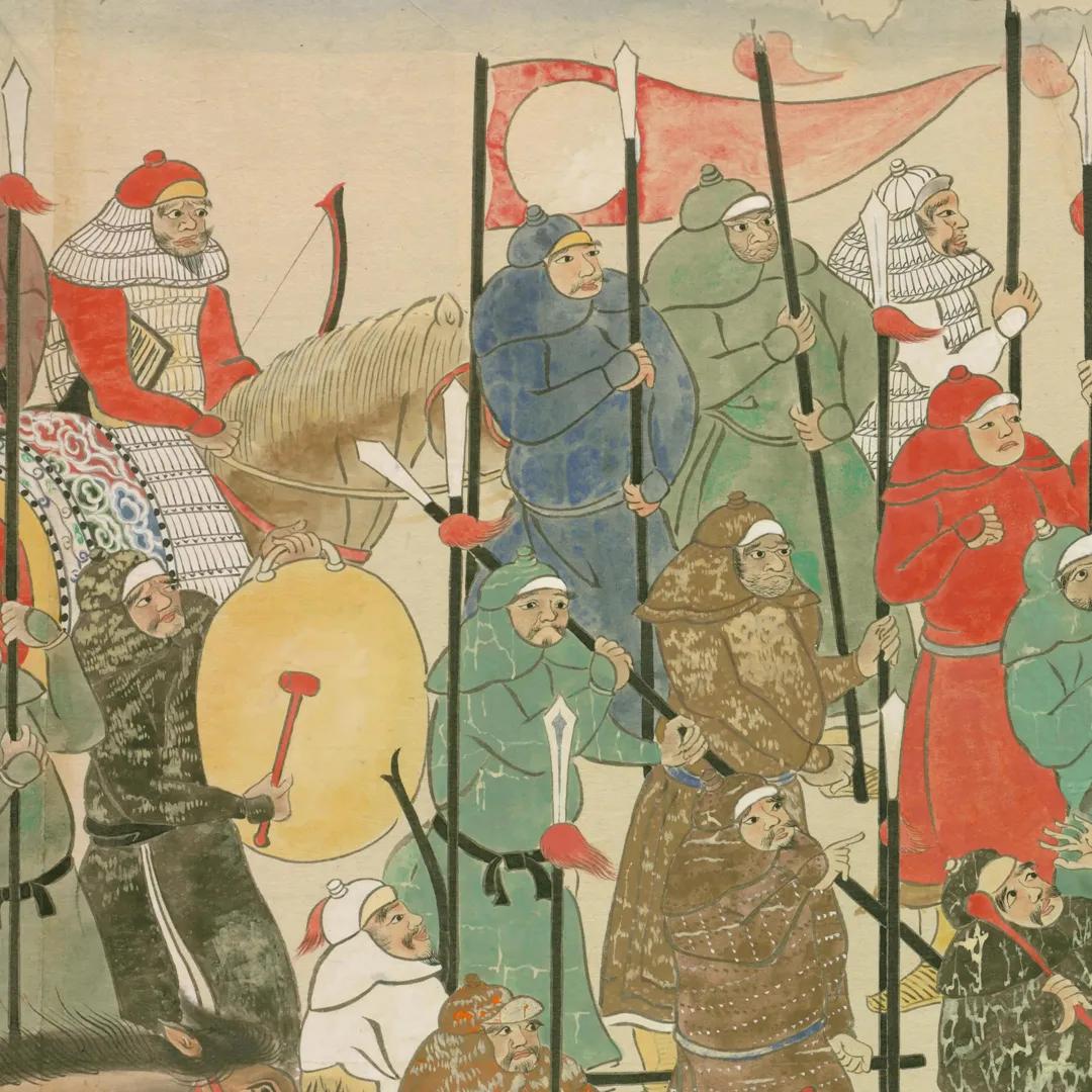 A colour illustration of Mongol and Korean soldiers during the late 13th century