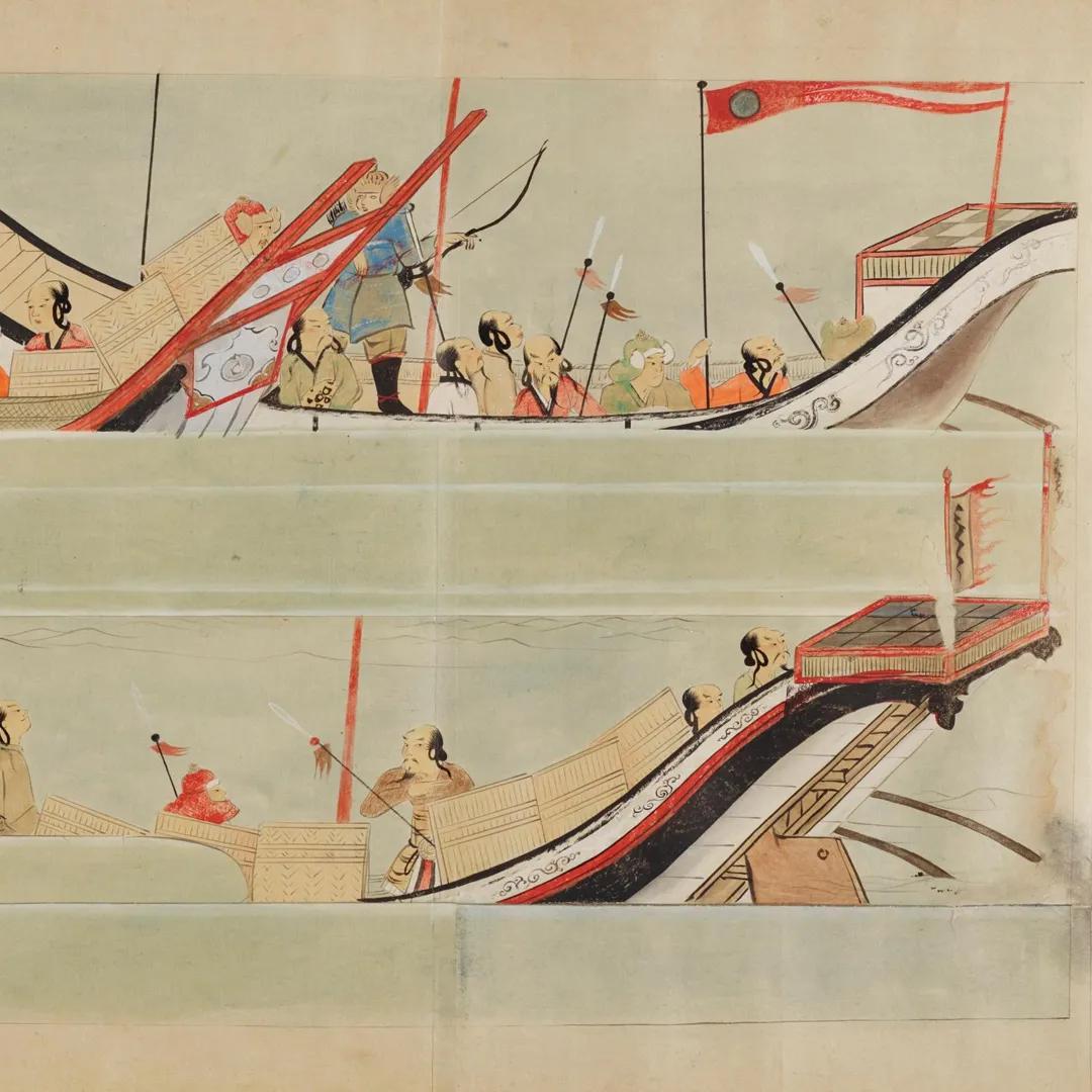 A colour illustration of a Mongol fleet arriving 