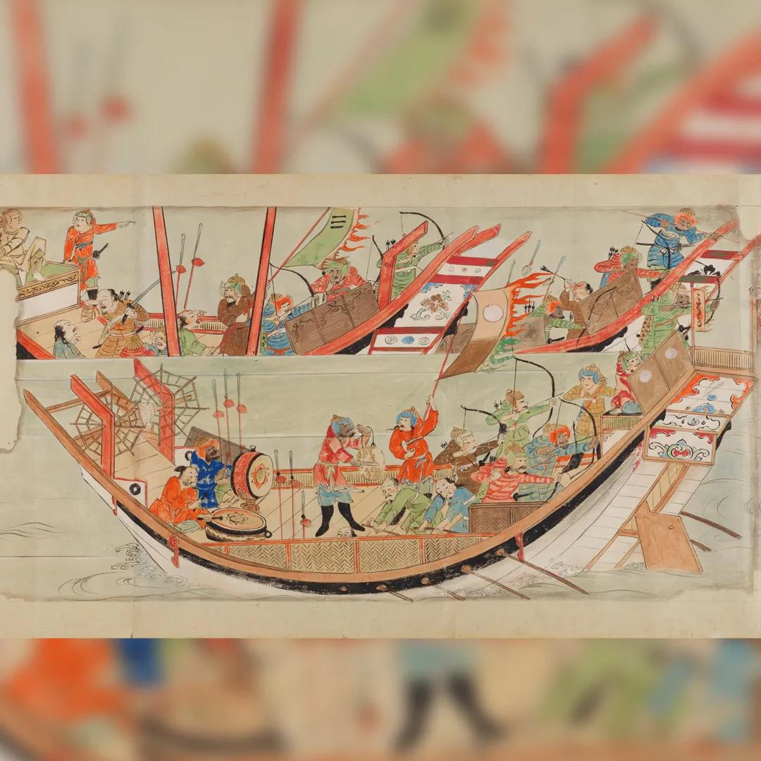 A colour illustration of a Mongol ship bristling with soldiers, approaching Japan