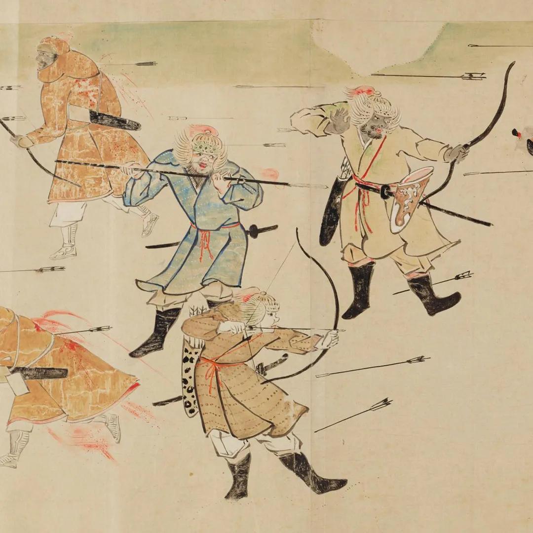 A colour illustration of Mongol soldiers fighting during the invasion of Japan