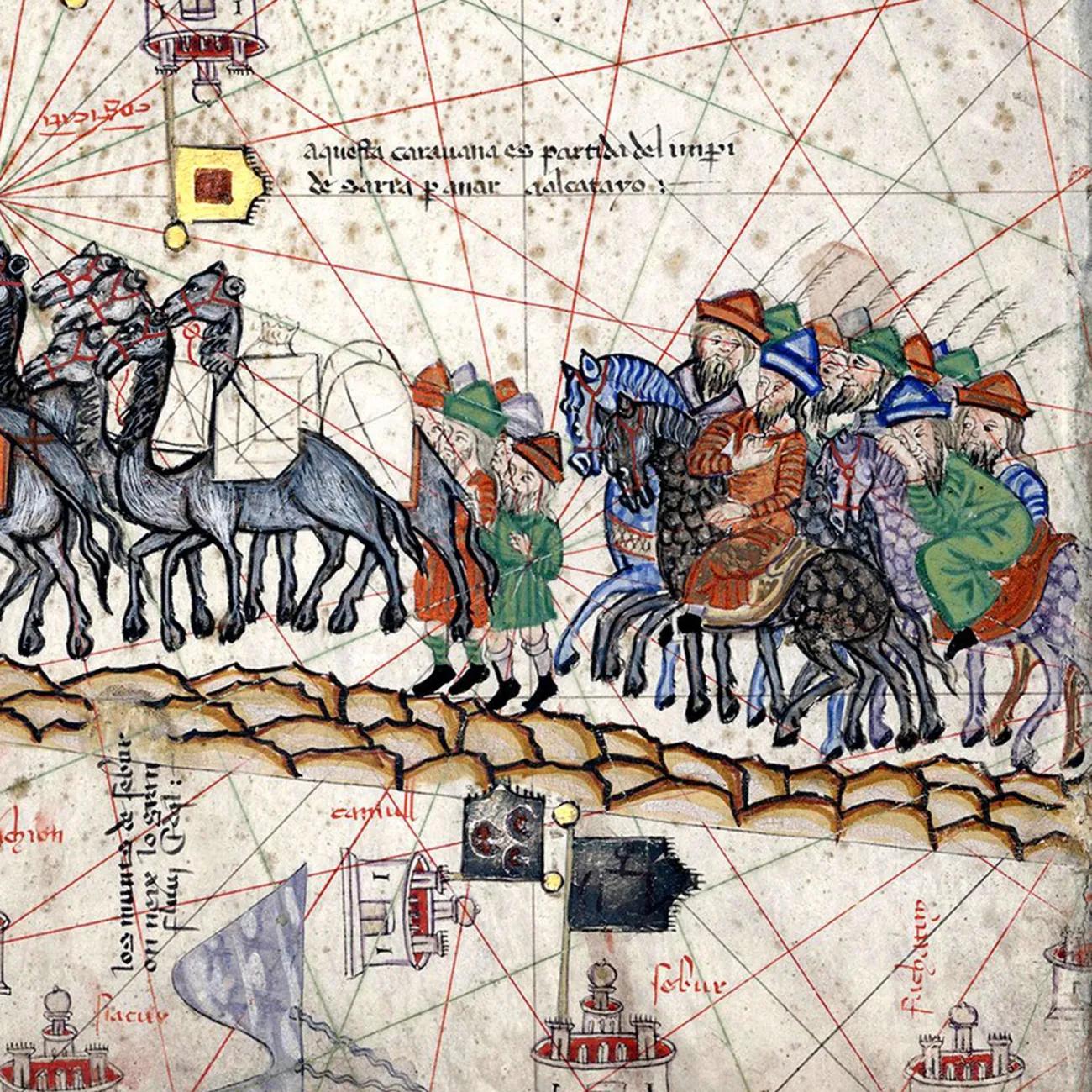 Ink-and-colour scene of armoured riders in combat, bows drawn, a fallen figure beneath horses amid scattered shafts