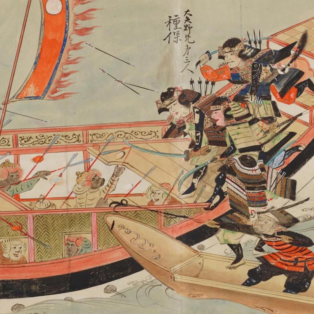 A colour illustration of a small ship bearing Japanese soldiers boards a larger Mongol ship