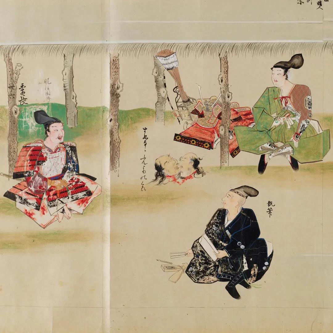 A colour illustration of Japanese officials gathered around to discuss how best to reward a warrior