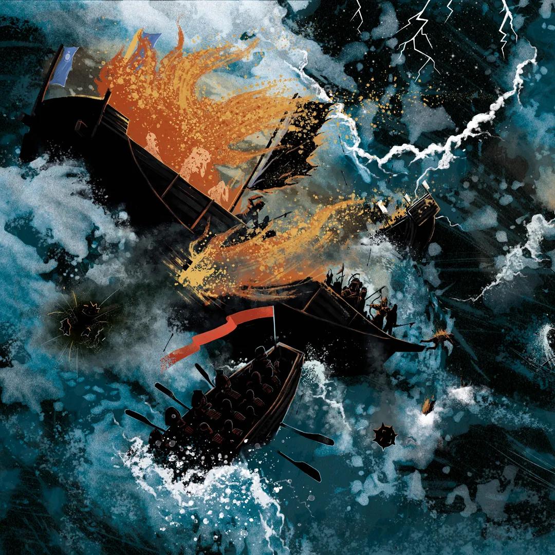 An illustration of a typhoon crashing into a Mongol fleet anchored off the shores of Japan while under attack from small ships