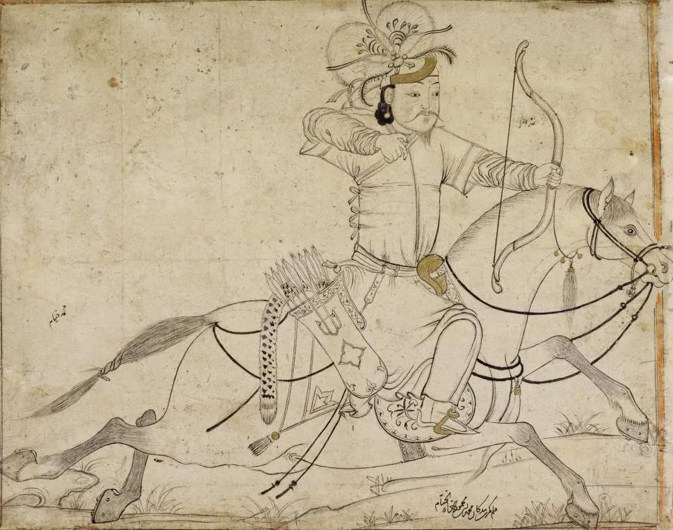 A mounted archer in Mongolian attire having just loosed an arrow. Instead of wearing heavy lamellar armour, the archer is wearing a simple, lightweight deel or Mongol clothing.