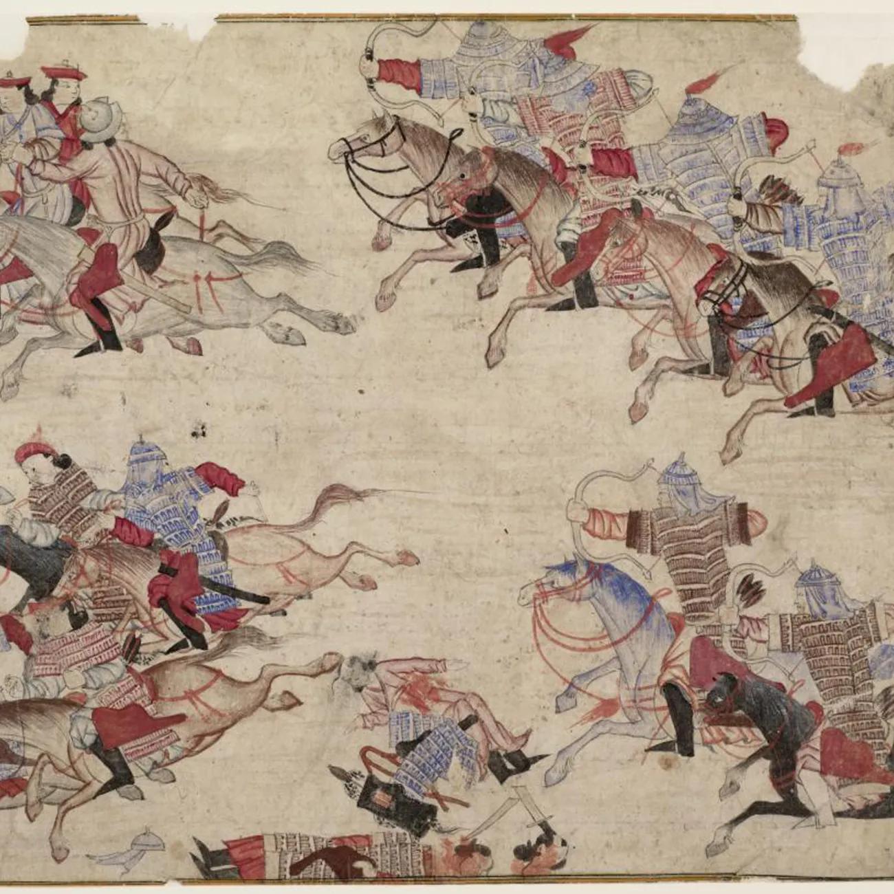 A unit of armoured horse archers attack fleeing enemies with bows. Their armour is lamellar, formed of small plates of metal sewn together to form a long coat.