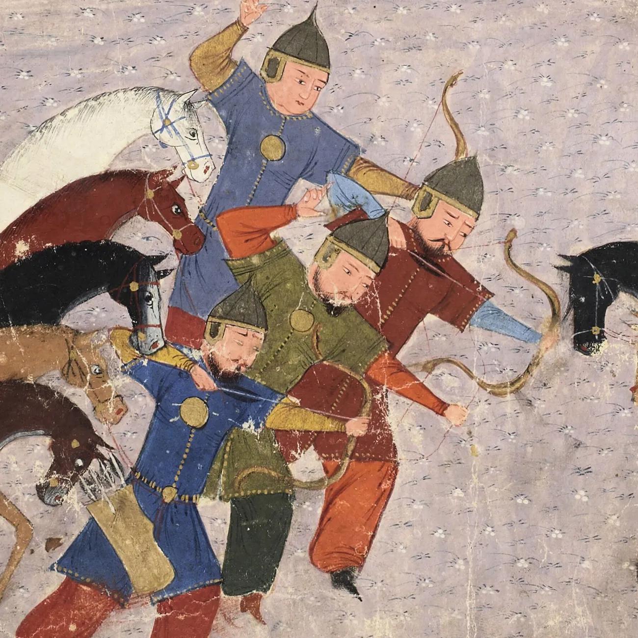 Four Mongolian archers with composite bows and wearing deels take aim