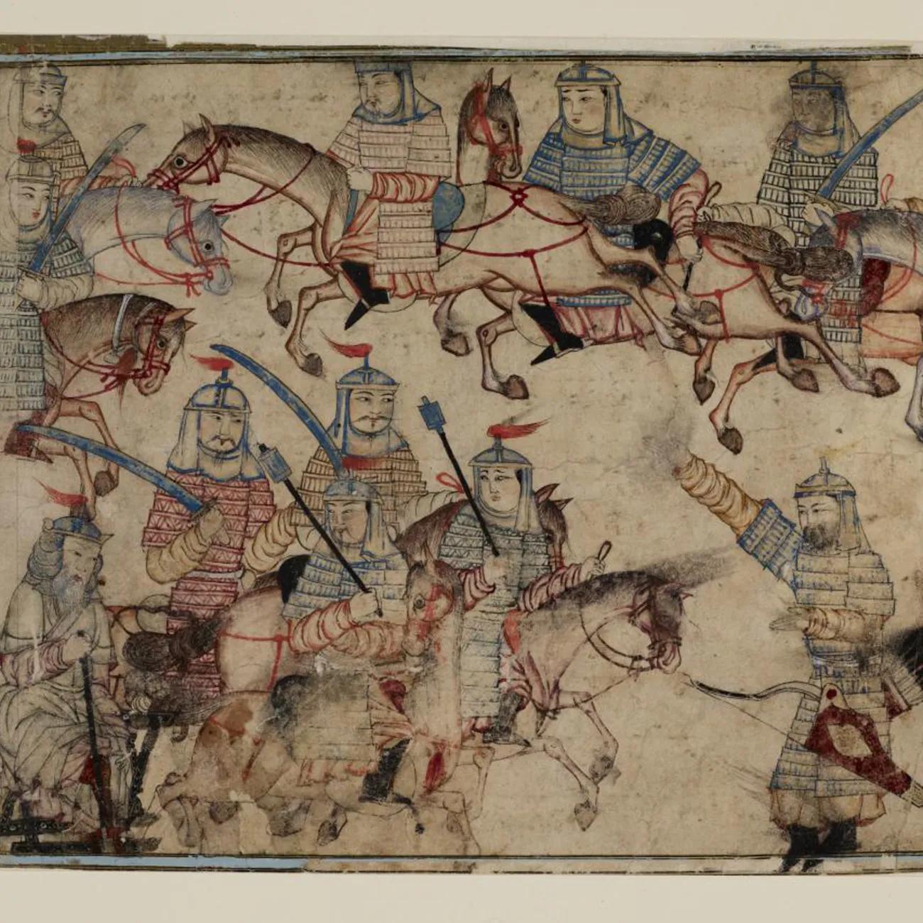 Mongol horsemen carrying a variety of weapons including swords, bows, and maces. Their armour is lamellar, comprised of small patches of metal plates sewn together.