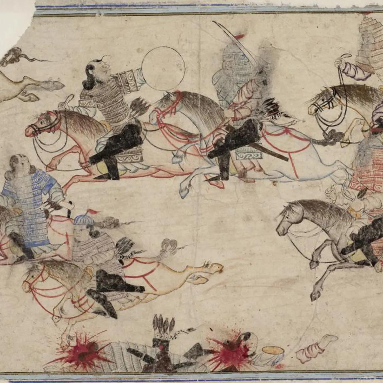 A group of Mongol horsemen riding down enemies, brandishing a slightly curved sword and wearing lamellar armour