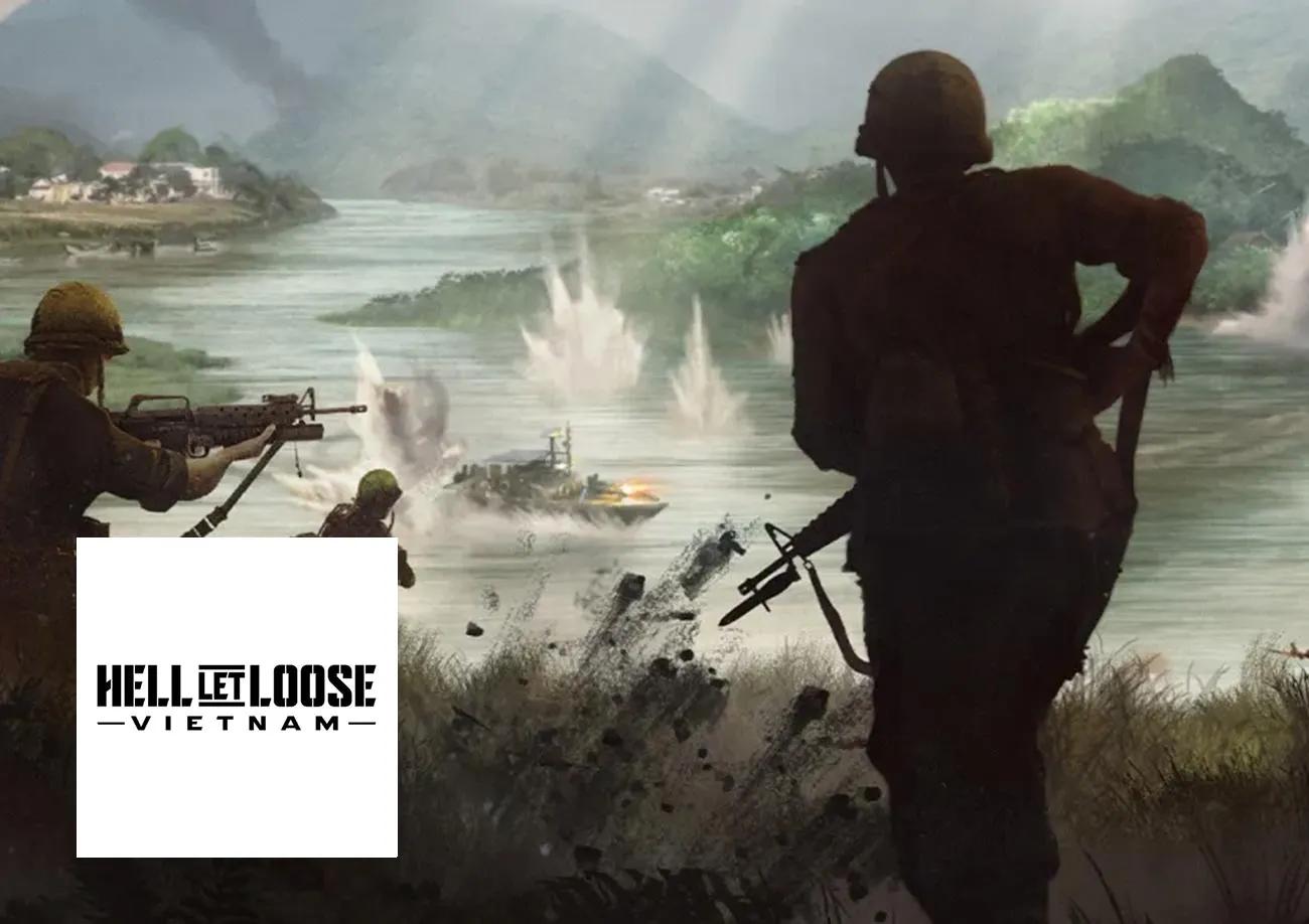 Illustrations of a soldier with a warzone in the background and the Hell Let Loose Vietnam Logo