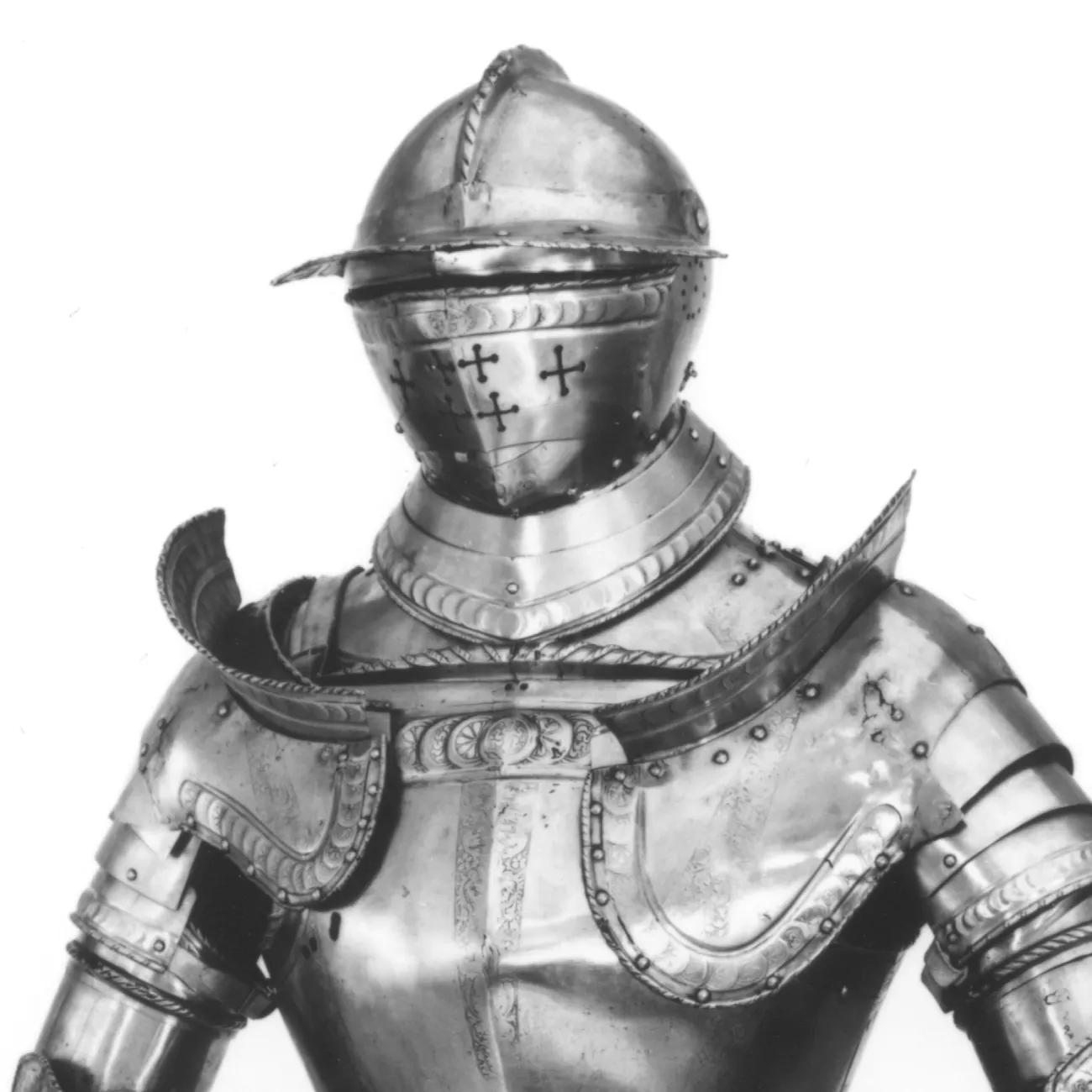 A large suit of steel armour dating from the 16th century