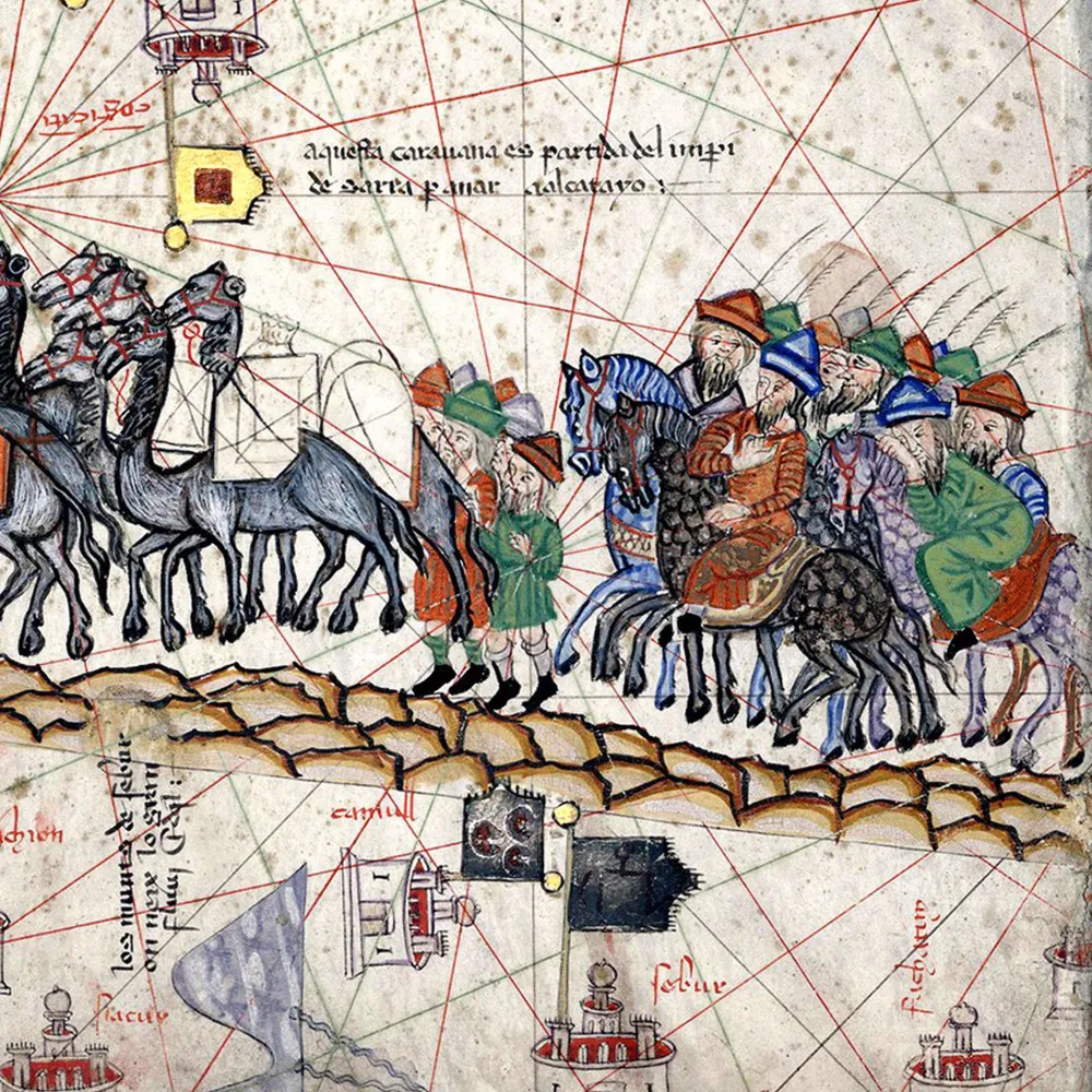 Ancient cartographic scene of caravan journey, figures in colourful dress riding camels across mapped landscape