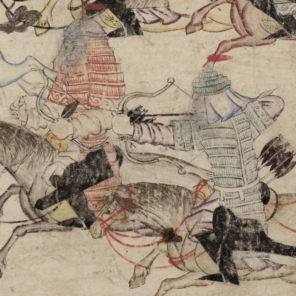 Detailed illustration of cavalry clash with patterned armour, horses in motion, arrows loosed at close range on parchment