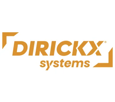 Dirickx Systems logo in orange, bold italic lettering with angular corner brackets framing text on white background