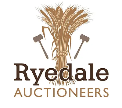 Ryedale Auctioneers logo with sheaf of wheat tied at centre and two gavels, brown text on light background