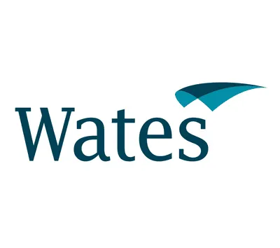 Wates logo with teal wordmark and abstract curved swoosh symbol on a light background