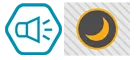 Two sensory icons side-by-side: a teal speaker for noise and a yellow crescent moon on a dark circle for dim lighting.  Pair of sensory icons indicating a noisy space with low light levels, showing a speaker symbol and a crescent moon