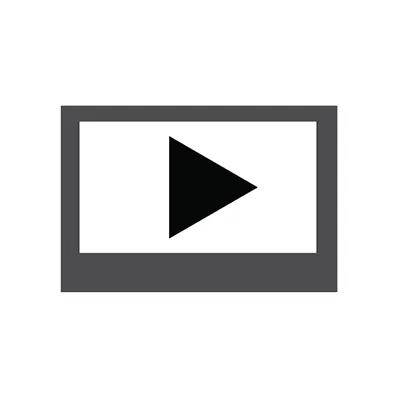 Play button icon inside a dark grey framed rectangle, indicating video content