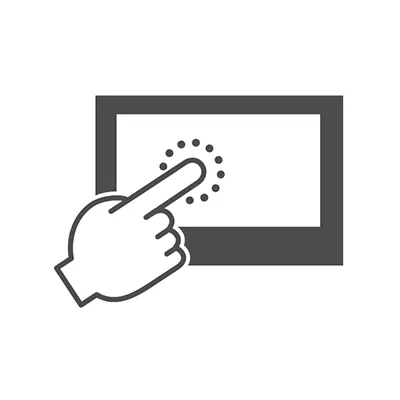Touchscreen icon showing an outlined hand tapping a rectangular screen, indicating interactive content