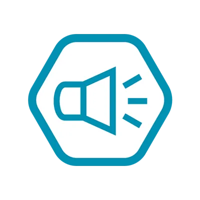 Teal icon of a speaker emitting sound waves inside a rounded hexagon outline, indicating a noisy space