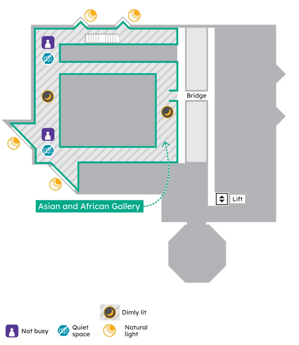 Floor plan of Asian and African Gallery with Bridge and Lift, marked with icons for Not busy, Quiet space, Dimly lit, and Natural light